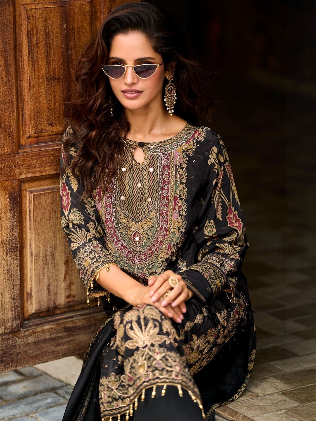 Ethnic Motifs Printed Pure Silk Straight Kurta With Trousers & Dupatta