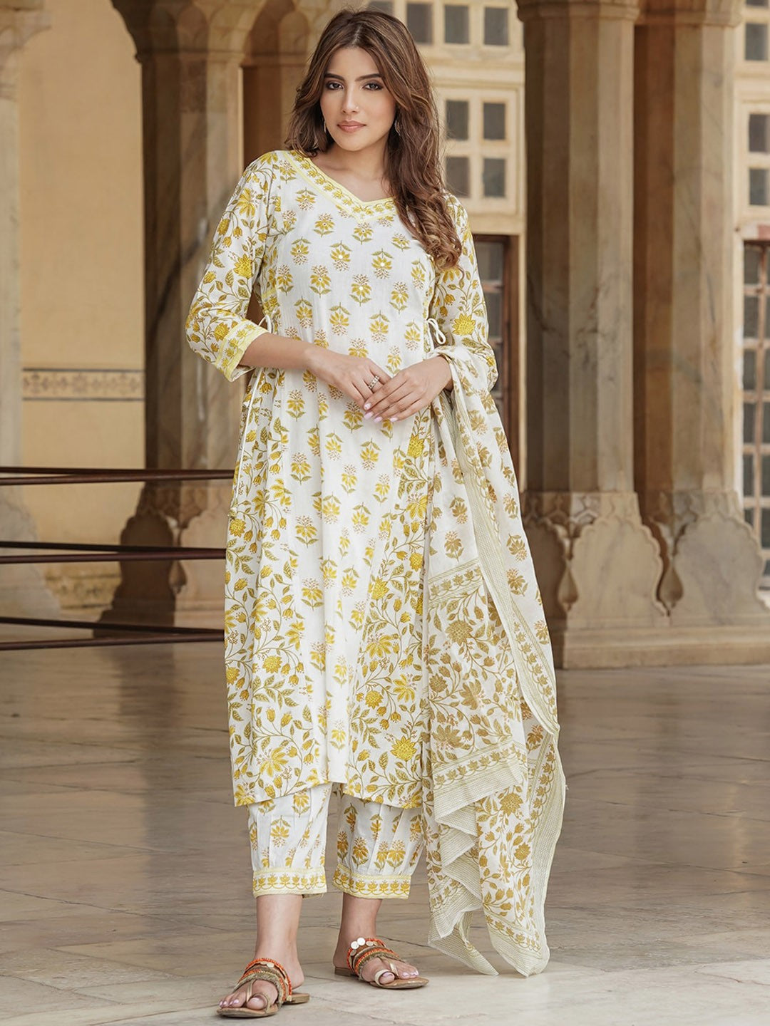 Floral Printed Mirror Work A-Line Pure Cotton Kurta with Trousers & Dupatta