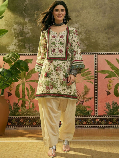 Women Red Floral Printed & Embroidered Cotton A-Line Kurti With Farshi Salwar