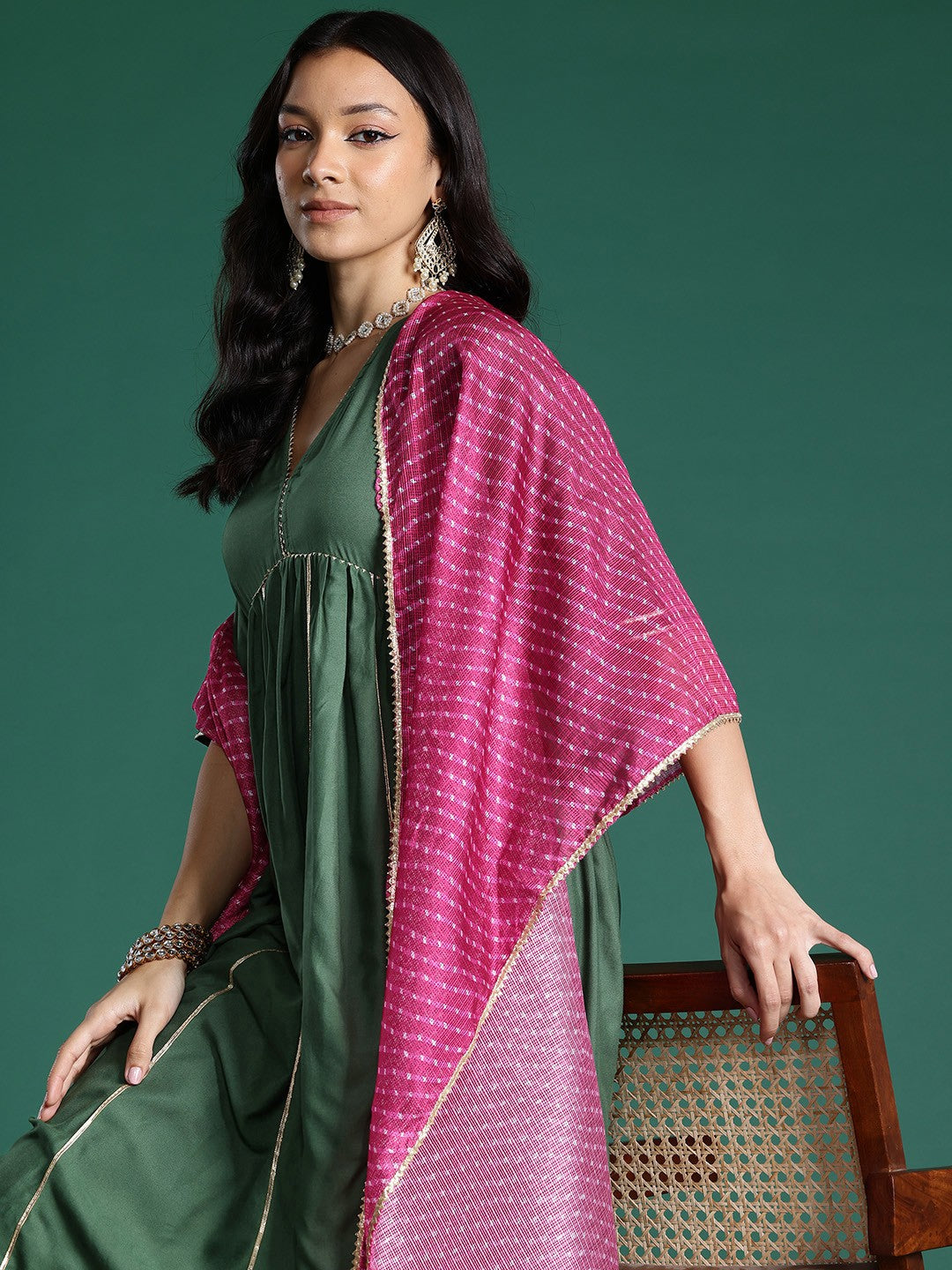 Gotta Patti Detail Empire Kurta Set With Striped Dupatta