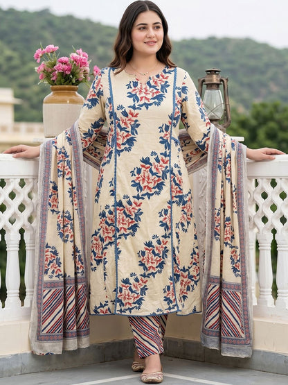 Women Floral Printed Regular Pure Cotton Kurta with Trousers & With Dupatta