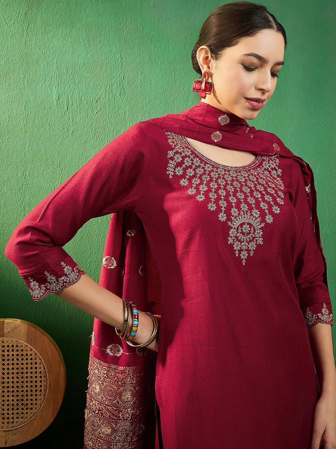 Maroon & Silver Toned Embroidered Straight Kurta With Trouser & Dupatta Set