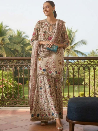 Women Floral Printed Regular Silk Crepe Kurta with Sharara & With Dupatta
