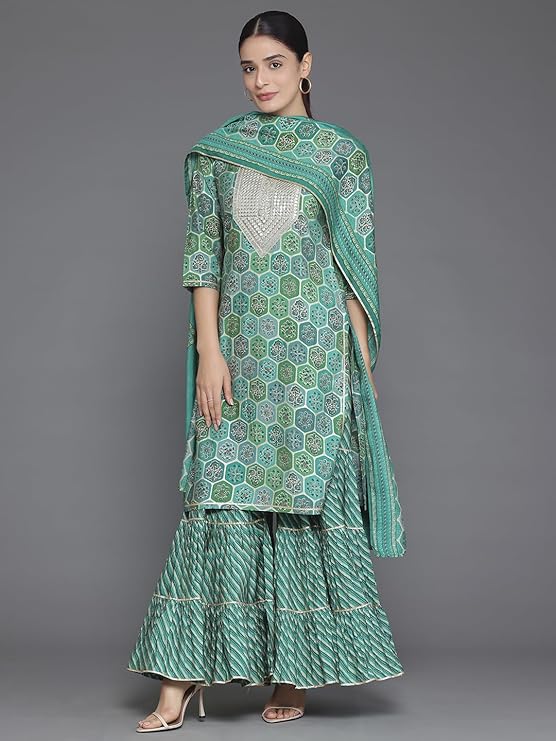 Floral Printed Round Neck Three-Quarter Sleeves Sequinned Kurta Set