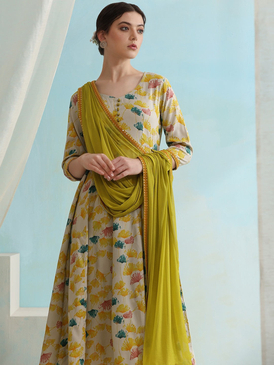 Round Neck Floral Printed Anarkali Kurta with Palazzo & Dupatta