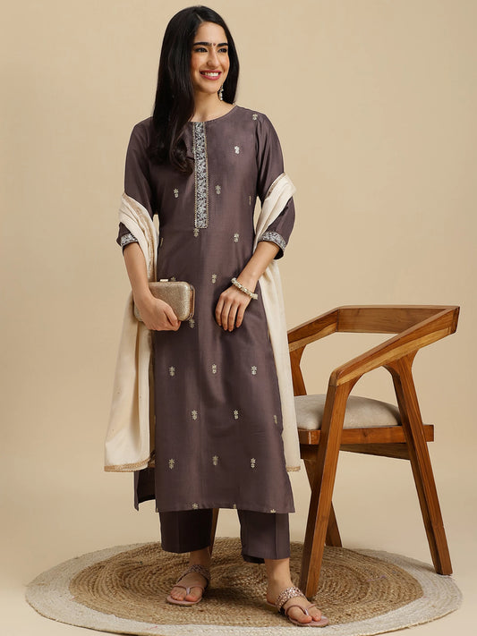 Women Beige Brown Silk Blend Kurta Pant Dupatta Set