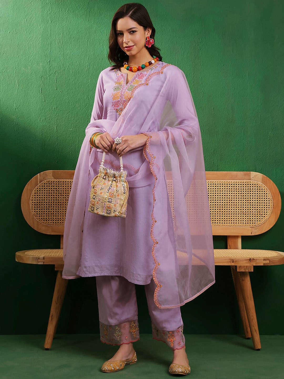 High Slit Thread Work Pure Cotton Kurta With Trouser & Dupatta