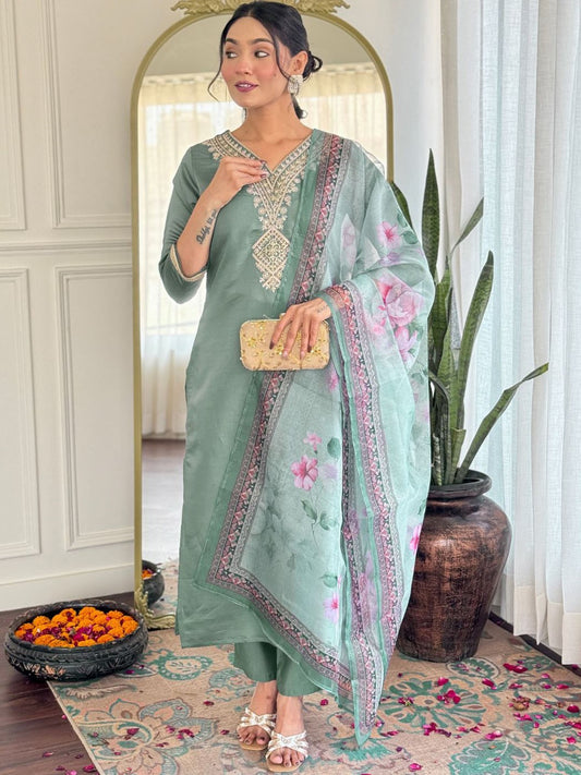 Women Embroidered Regular Kurta with Trousers & With Dupatta