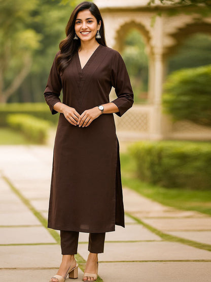 V-Neck Pure Cotton Straight Kurta with Trousers - Amy's Cart