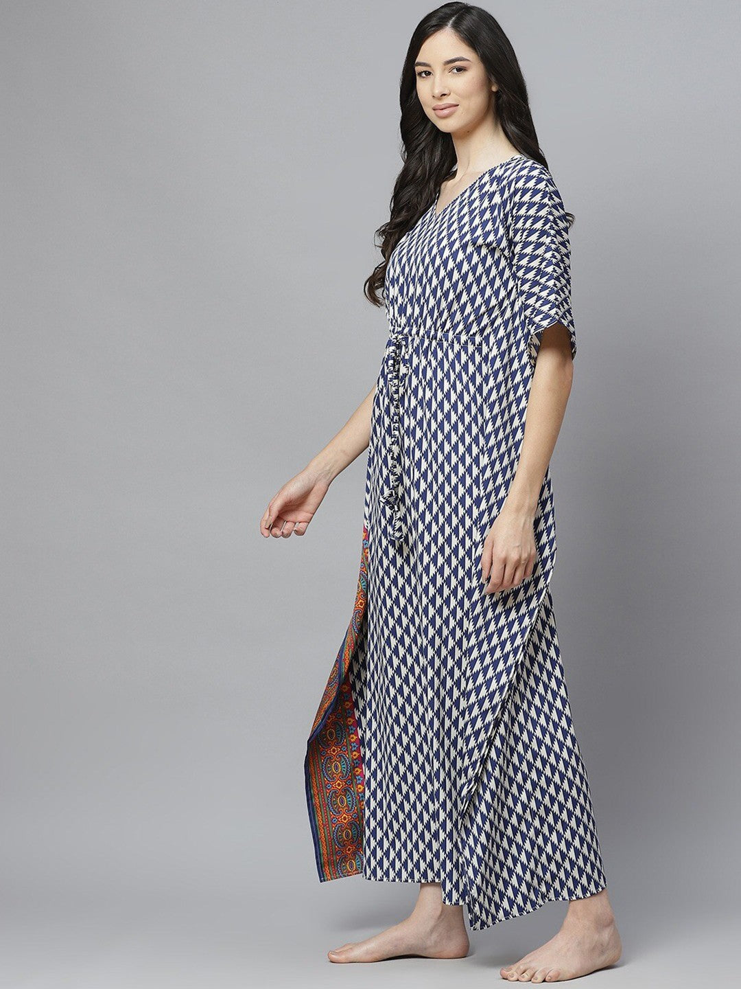 Geometric Printed V-Neck Maxi Kaftan Nightdress