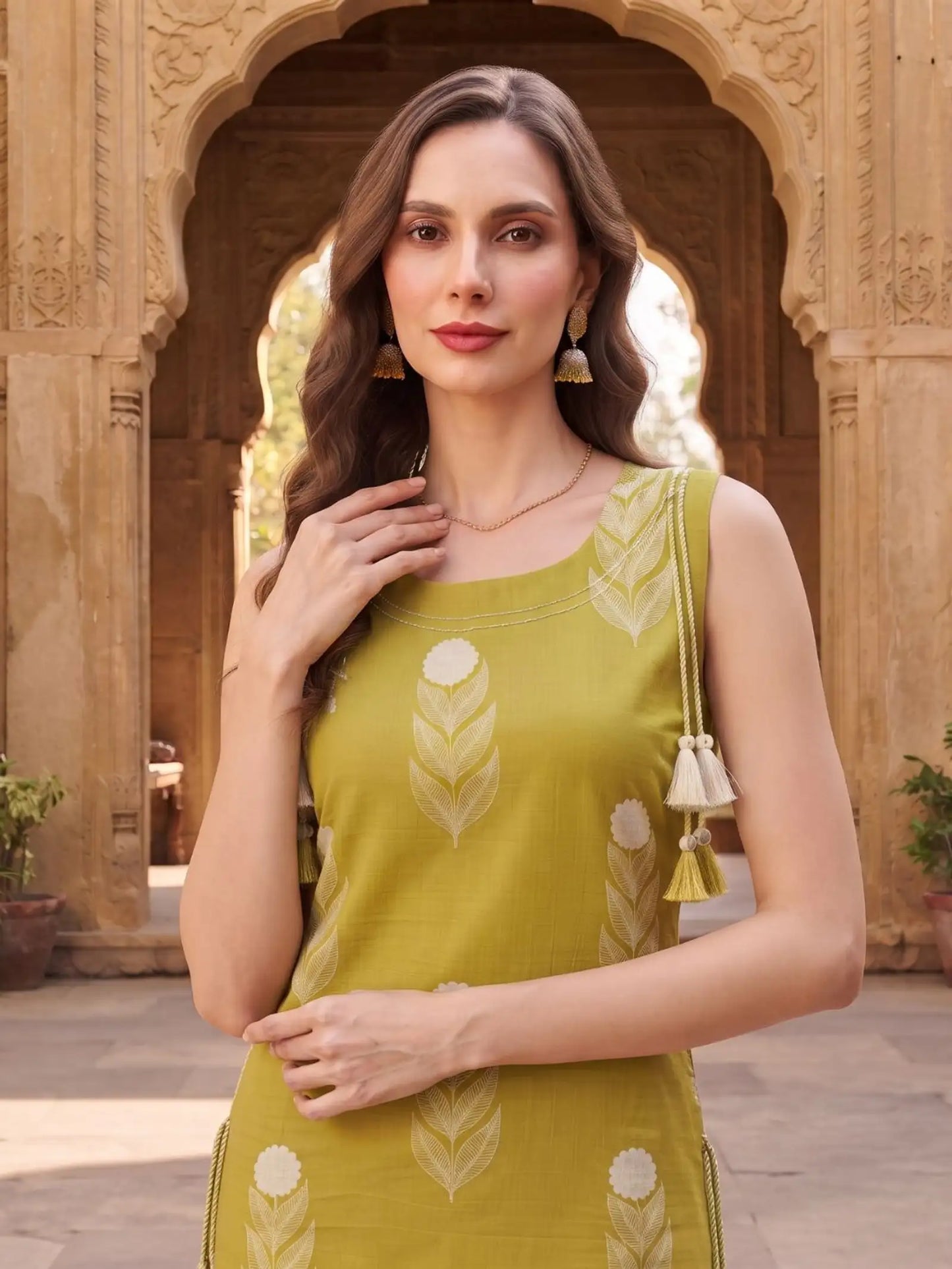 Women Lime Green Pure Cotton Kurta Pant Set