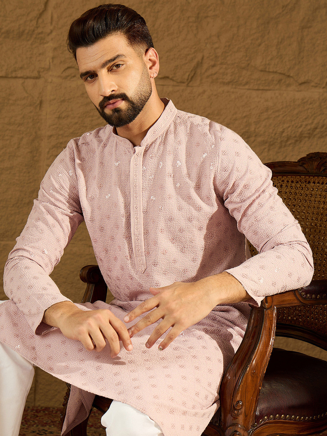 Men Viscose Rayon Embroidered Mandarin Collar Kurta & Trousers