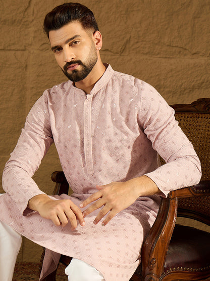 Men Viscose Rayon Embroidered Mandarin Collar Kurta & Trousers