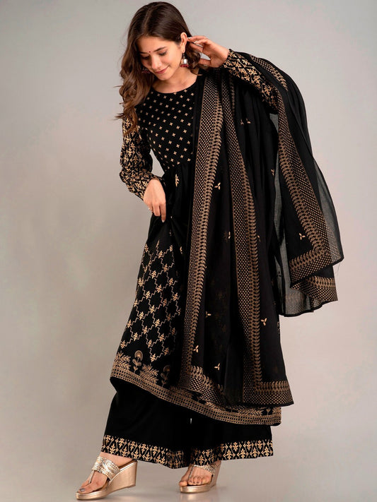Floral Printed Thread Work Straight Kurta & Palazzos With Dupatta