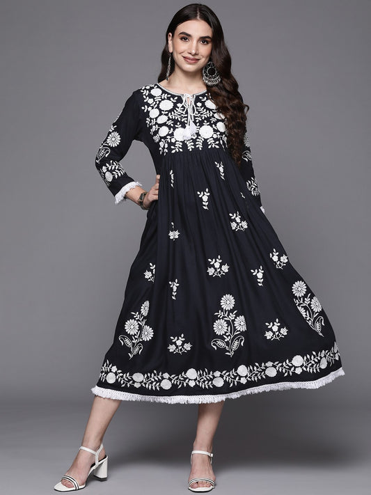 Navy Blue & White Floral Embroidered Tie-Up Neck Ethnic A-Line Midi Dress