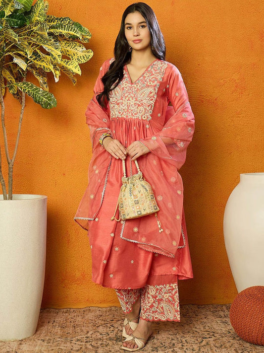 Floral Embroidered V-Neck Pleated A-Line Kurta with Palazzos & Dupatta