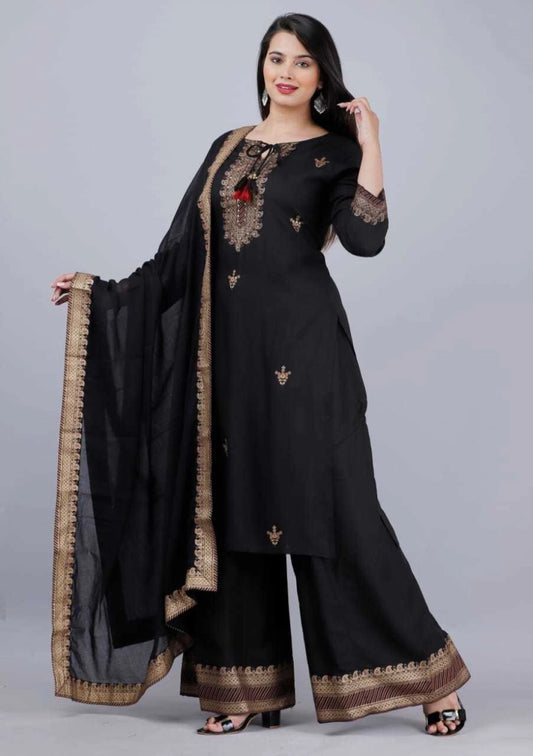 Women Black Viscose Rayon Kurta Sharara Dupatta Set