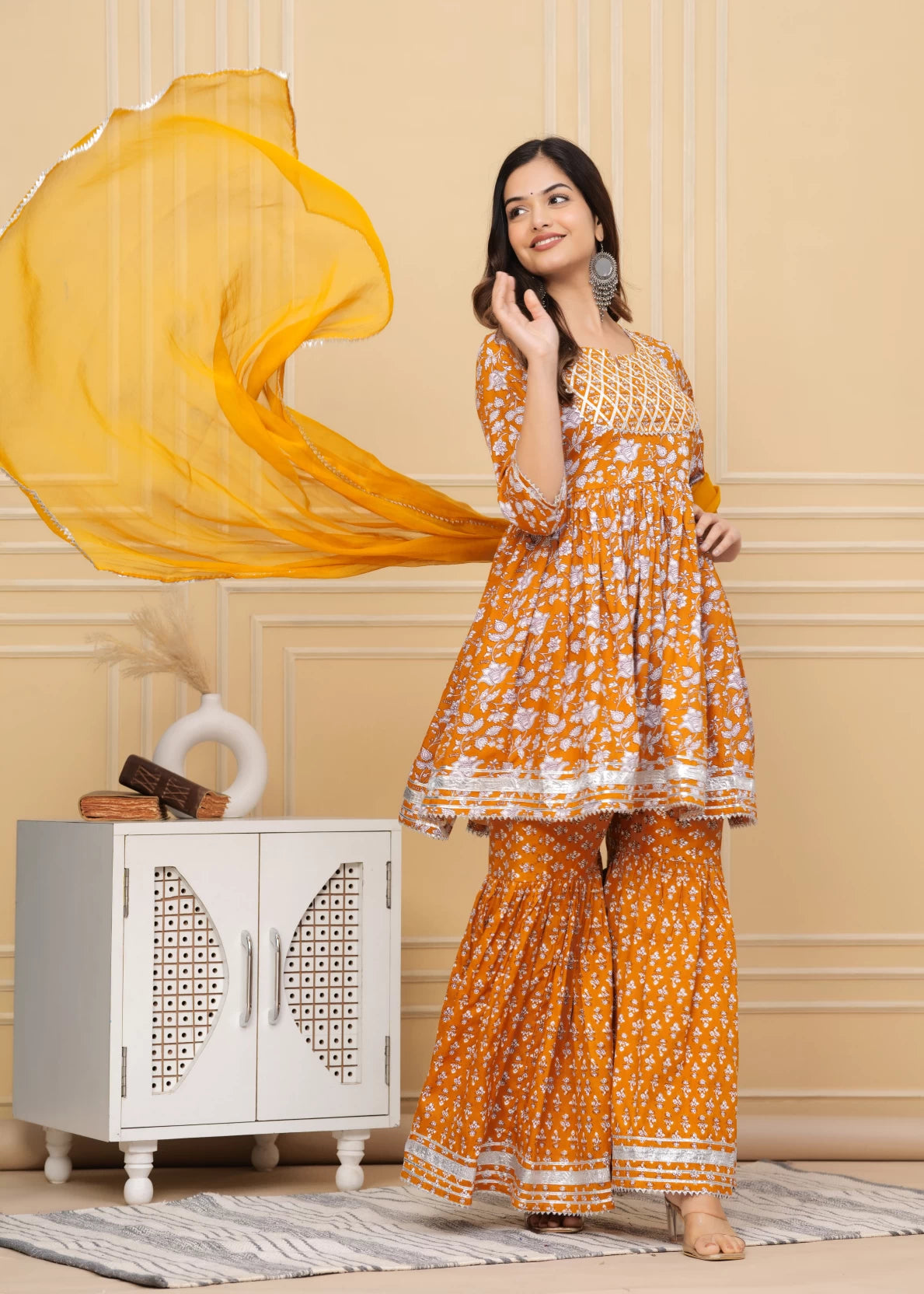 Women Mustard-Orange Cotton Rayon Kurta Sharara Dupatta Set