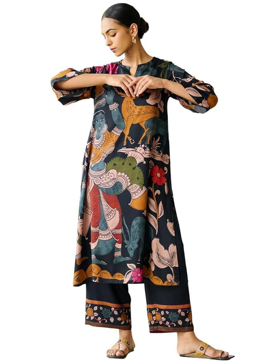 Women's Viscose Rayon Straight Printed Kurta with Palazzo