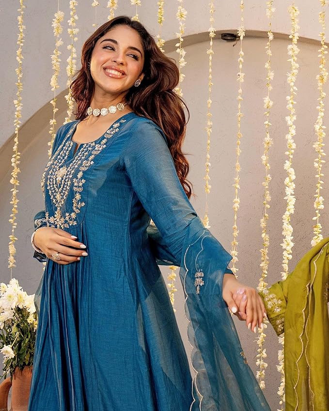 Women Embroidery Solid A-Line Kurta and Pant Set with Dupatta