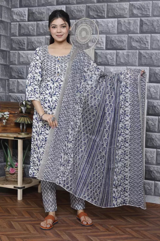 Women Grey Pure Cotton Kurta Pant Dupatta Set