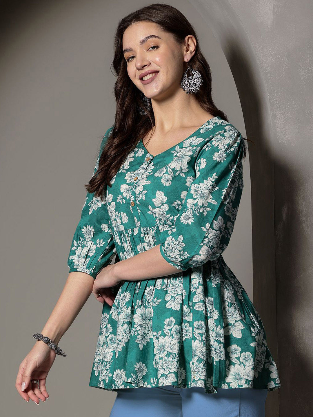 Women Floral Printed Pure Cotton Peplum Top