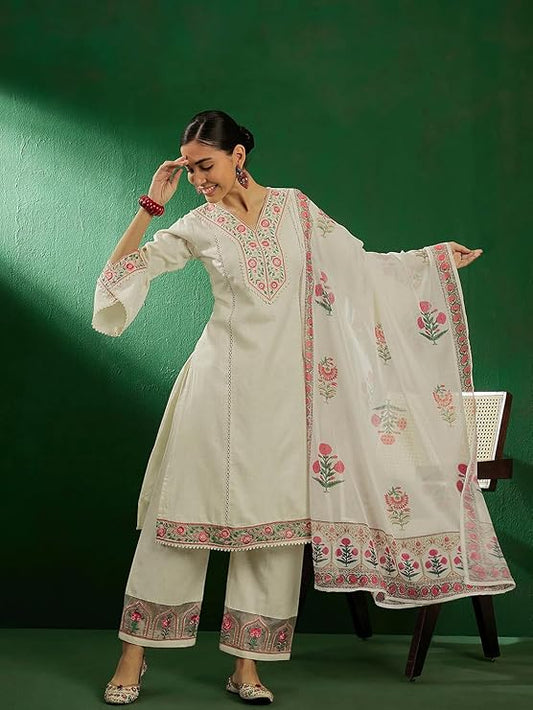 Women's Sequence Off White Pure Cotton Kurta Palazzo with Dupatta