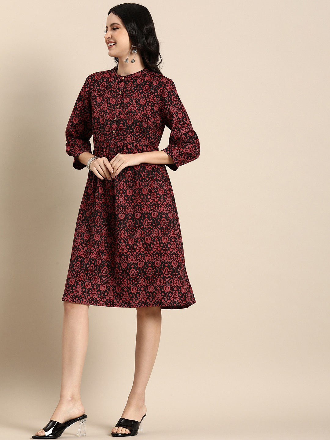 Ethnic Motifs Print Puff Sleeves A-Line Dress