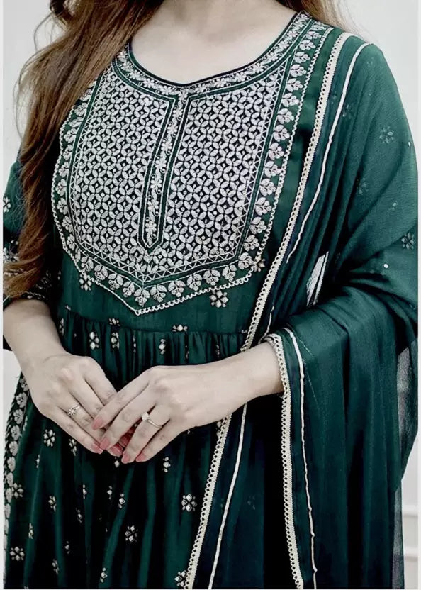 Embroidered Green Kurta, Trouser/Pant & Dupatta Set