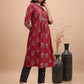 Red Floral Printe Kurta & Trousers With Dupatta