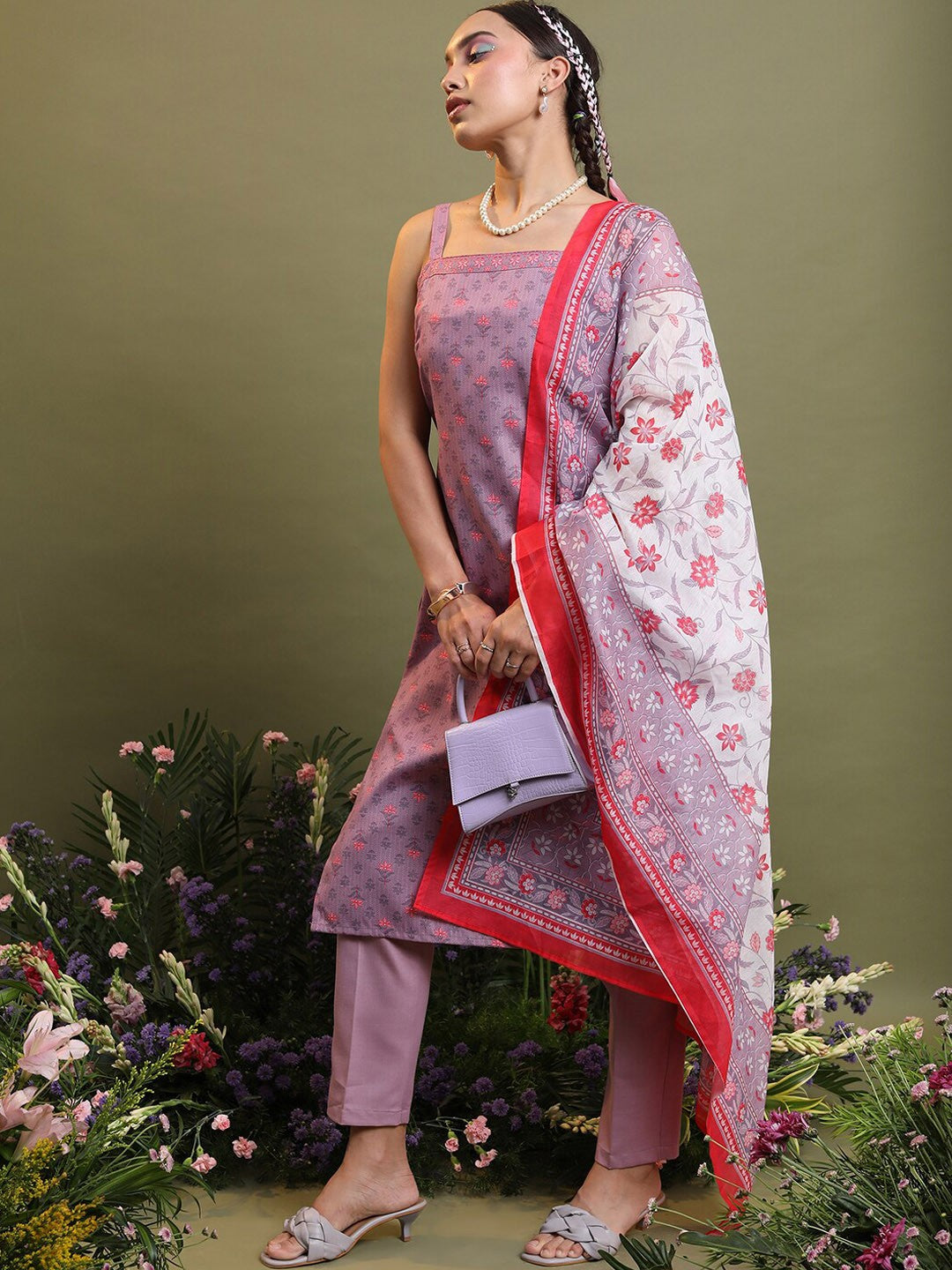 Mauve Floral Printed Straight Kurta with Trousers & Dupatta