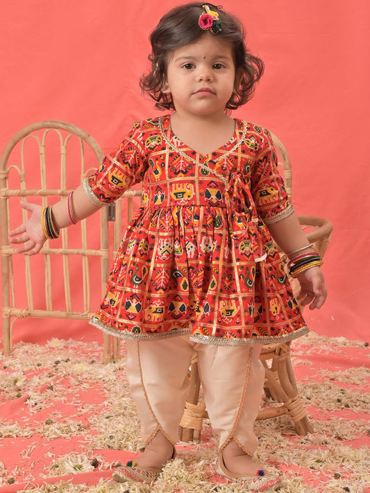 Girls Ethnic Motifs Printed Angrakha Kurta With Dhoti Pants