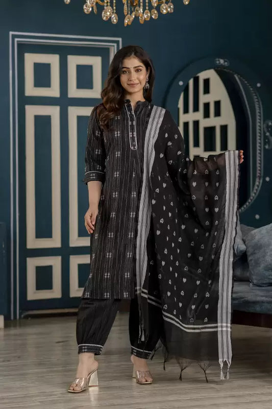 Women Black Cotton Blend Kurta Pant Dupatta Set