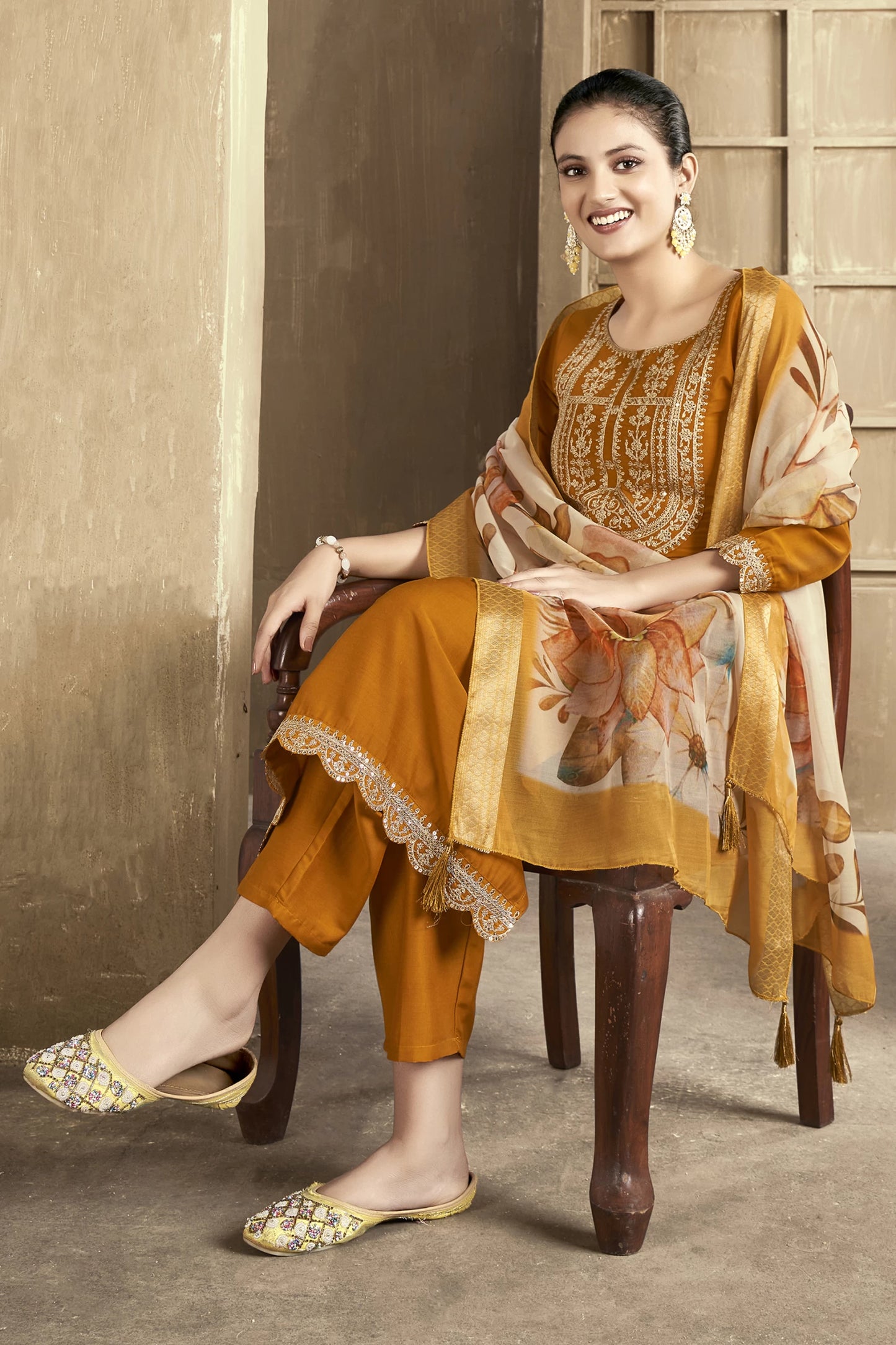 Women Mustard Silk Blend Kurta Pant Dupatta Set