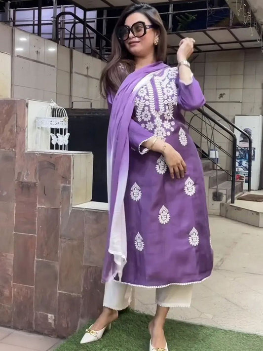 Ethnic Motifs Embroidered Chikankari Kurta With Trousers & Dupatta