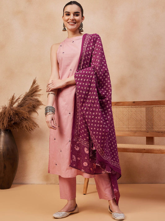 Paisley Embroidered Halter Neck Thread Work Pure Cotton Kurta With Trouser & Dupatta