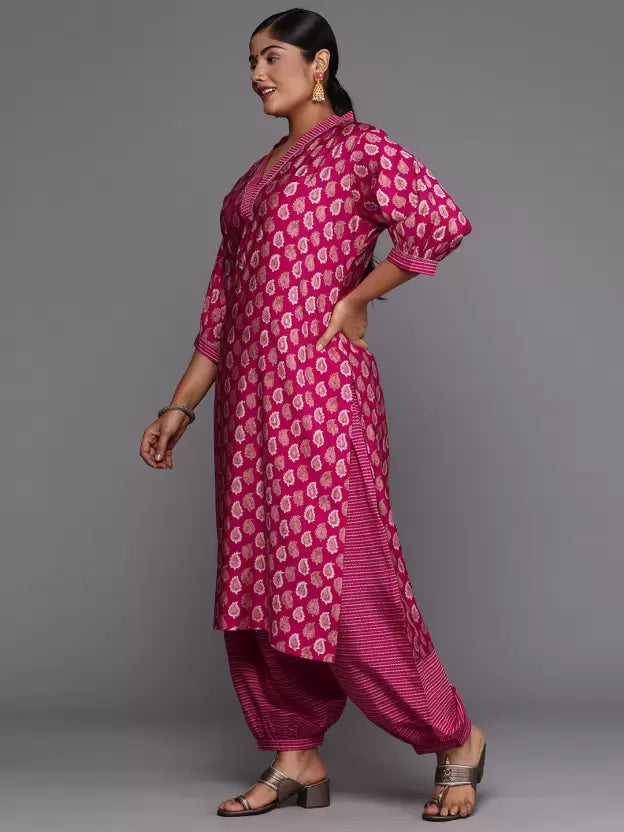 Women Pink Plus size Silk Blend Kurta Salwar Set