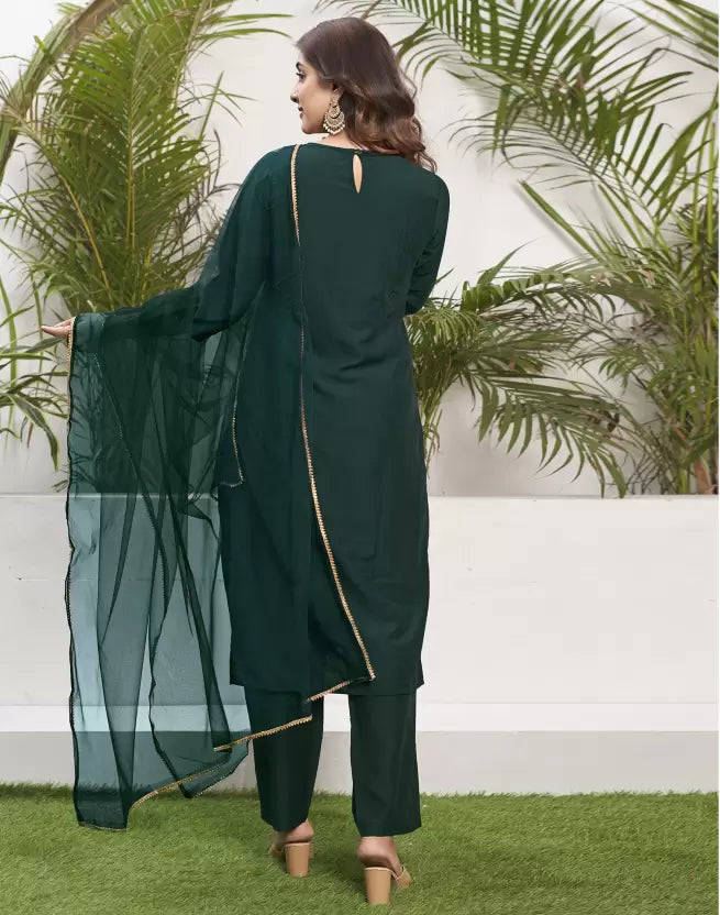 Women Green Cotton Silk Kurta Pant Dupatta Set