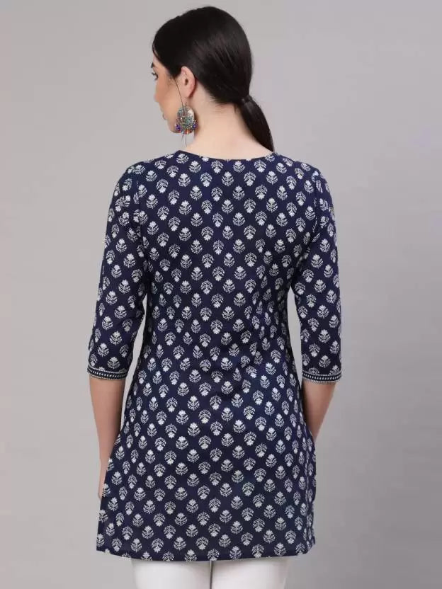 Casual Regular Sleeves Printed Women Dark Blue Top