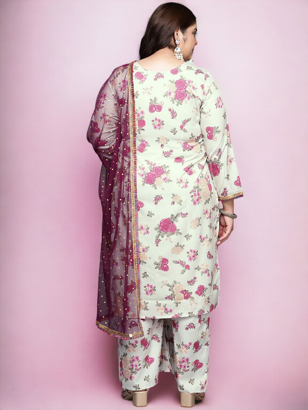 Plus Size Floral Printed Round Neck Kurta With Palazzos & Dupatta