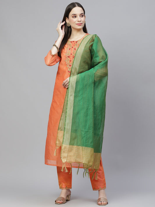 Women Orange & Green Ethnic Yoke Design Kurta with Trousers & With Dupatta