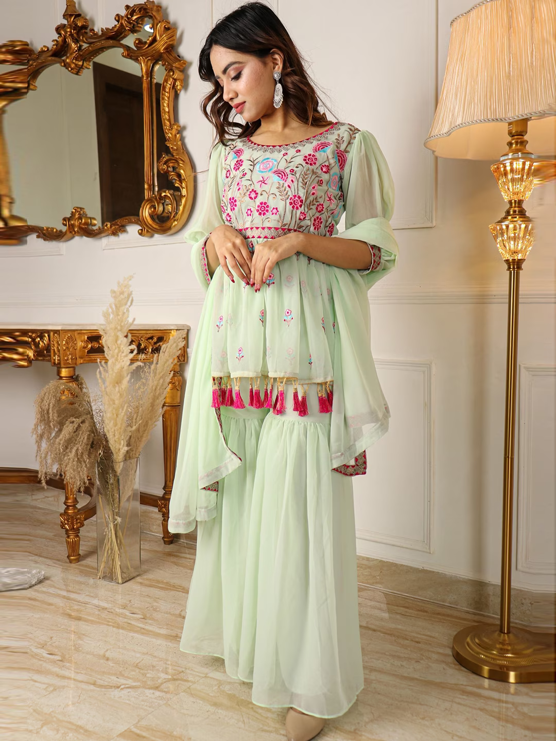 Floral Embroidered Thread Work Top with Sharara & Dupatta