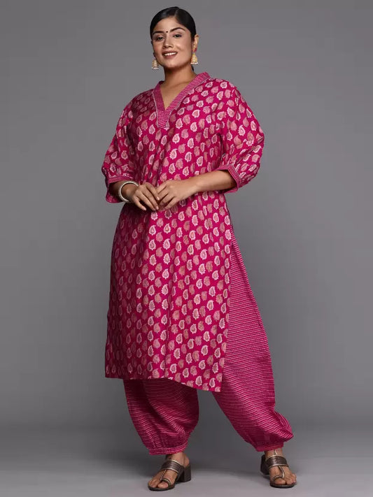 Women Pink Plus size Silk Blend Kurta Salwar Set