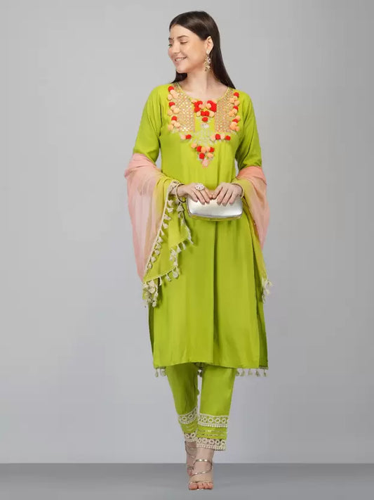 Women Embellished Viscose Rayon Kurta Pant Dupatta Set