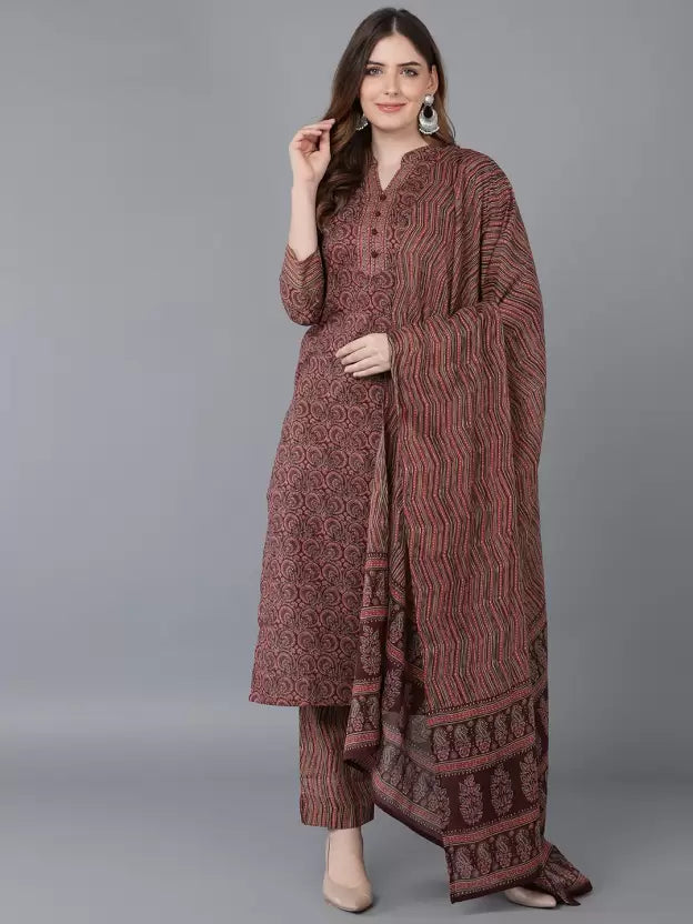 Women Maroon Cotton Blend Kurta Pant Dupatta Set