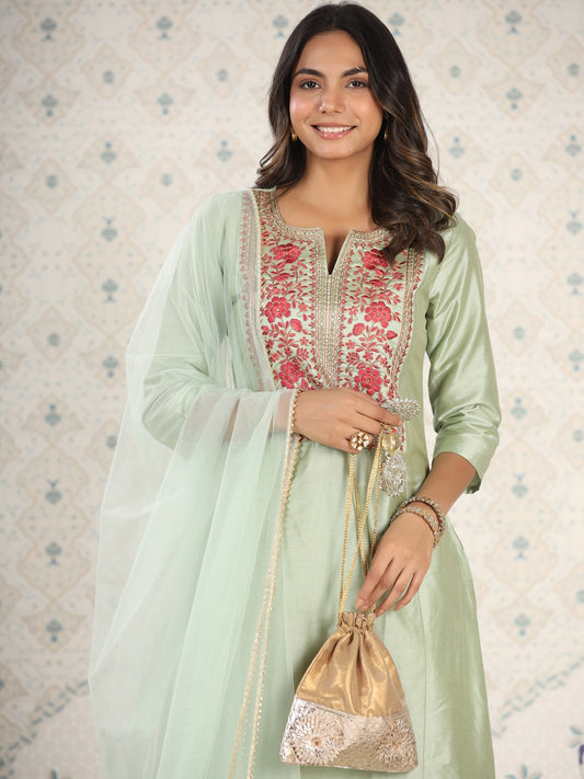 Embroidered Gota Patti A-Line Kurta with Trousers and Dupatta