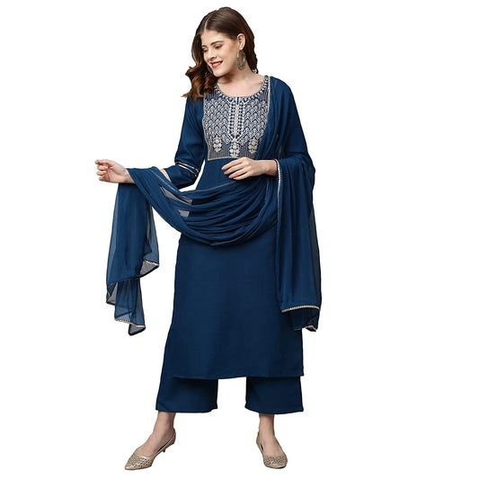 Women's Blue Cotton Blend Straight Embroidered Kurta with Pant & Dupatta