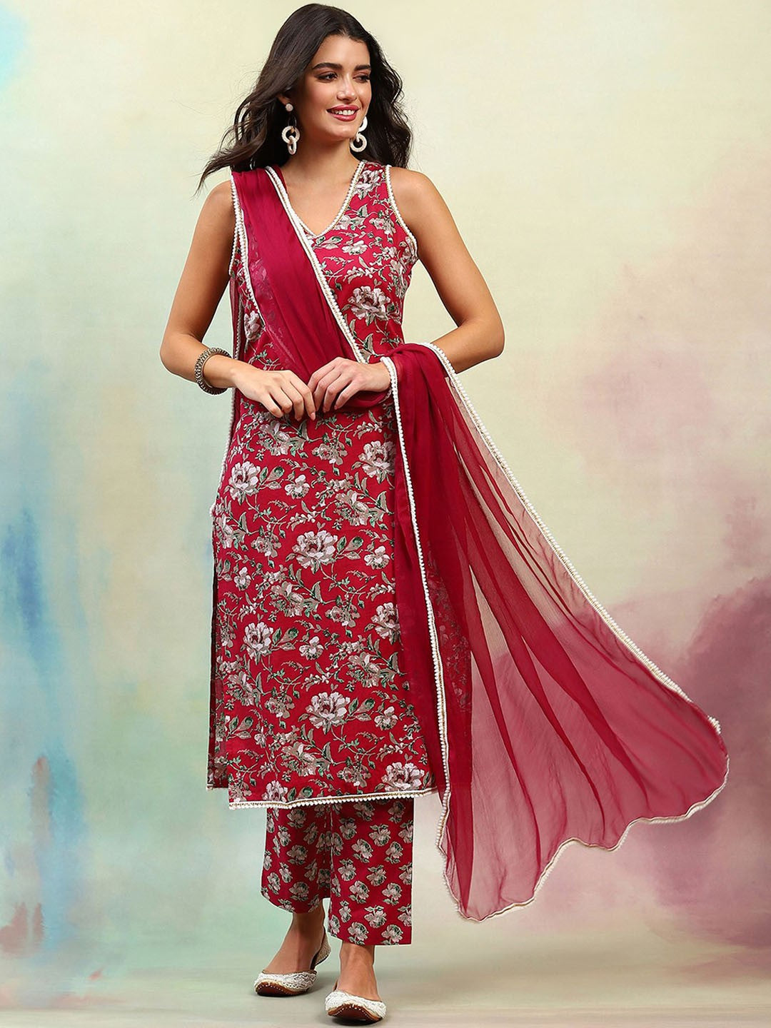 Floral Printed Regular Pure Cotton Straight Kurta with Palazzos & Dupatta