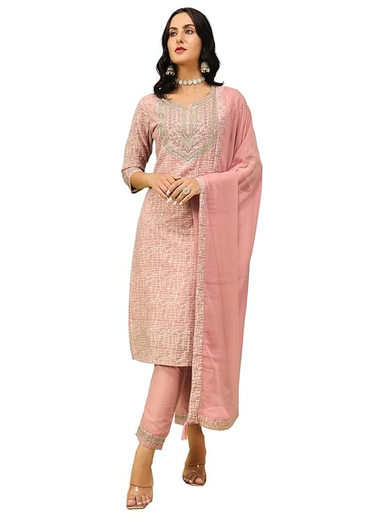 Women's Pink Embroidered Chanderi Kurta Pant Set with Dupatta