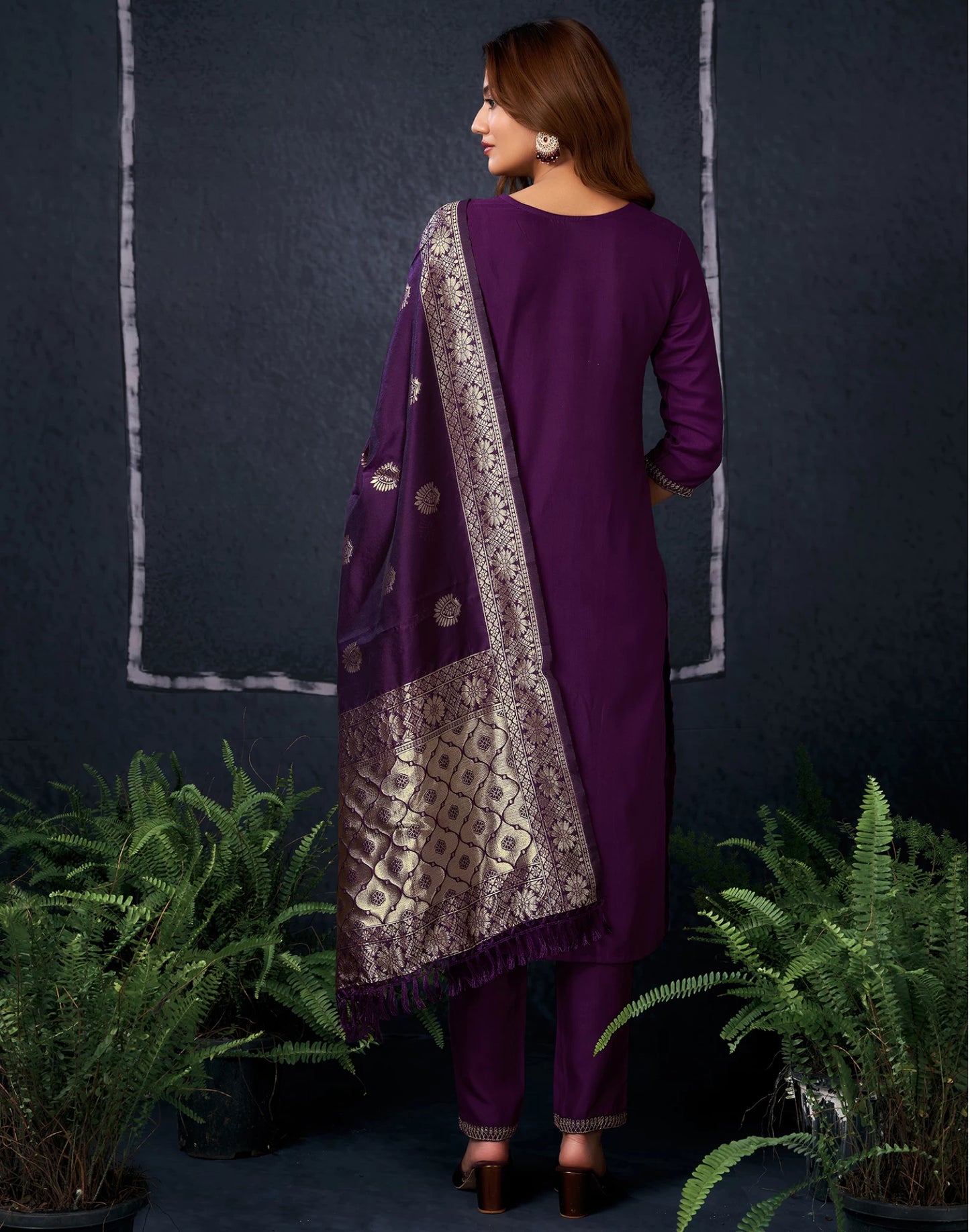 Women Purple Cotton Blend Kurta Pant Dupatta Set